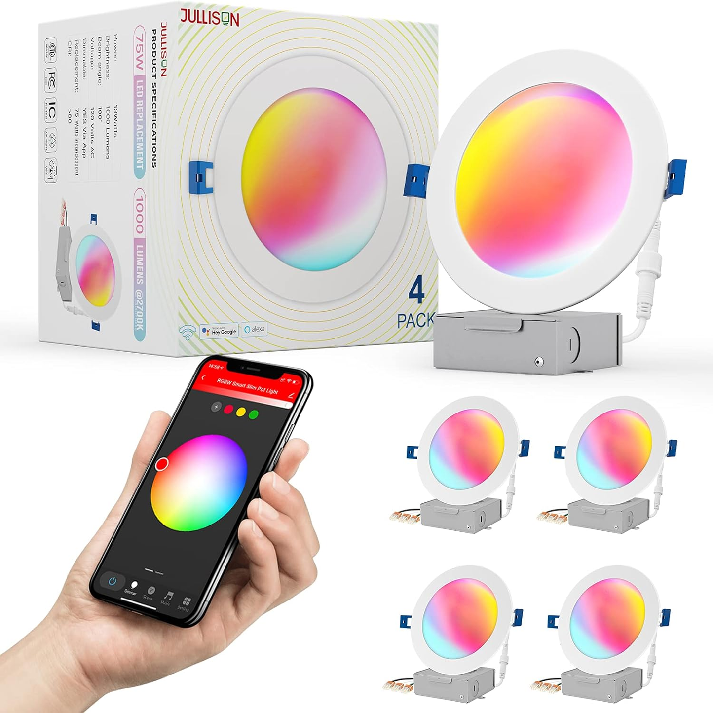 6-Inch LED Smart Slim Recessed Pot Light with WiFi APP and Voice Control, 120VAC, 13W, 1000LM, RGB + 2700K-6000K, ETL, FCC, and IC Rated, Wet Location Compatible with Alexa/Google Home, Pack of 4