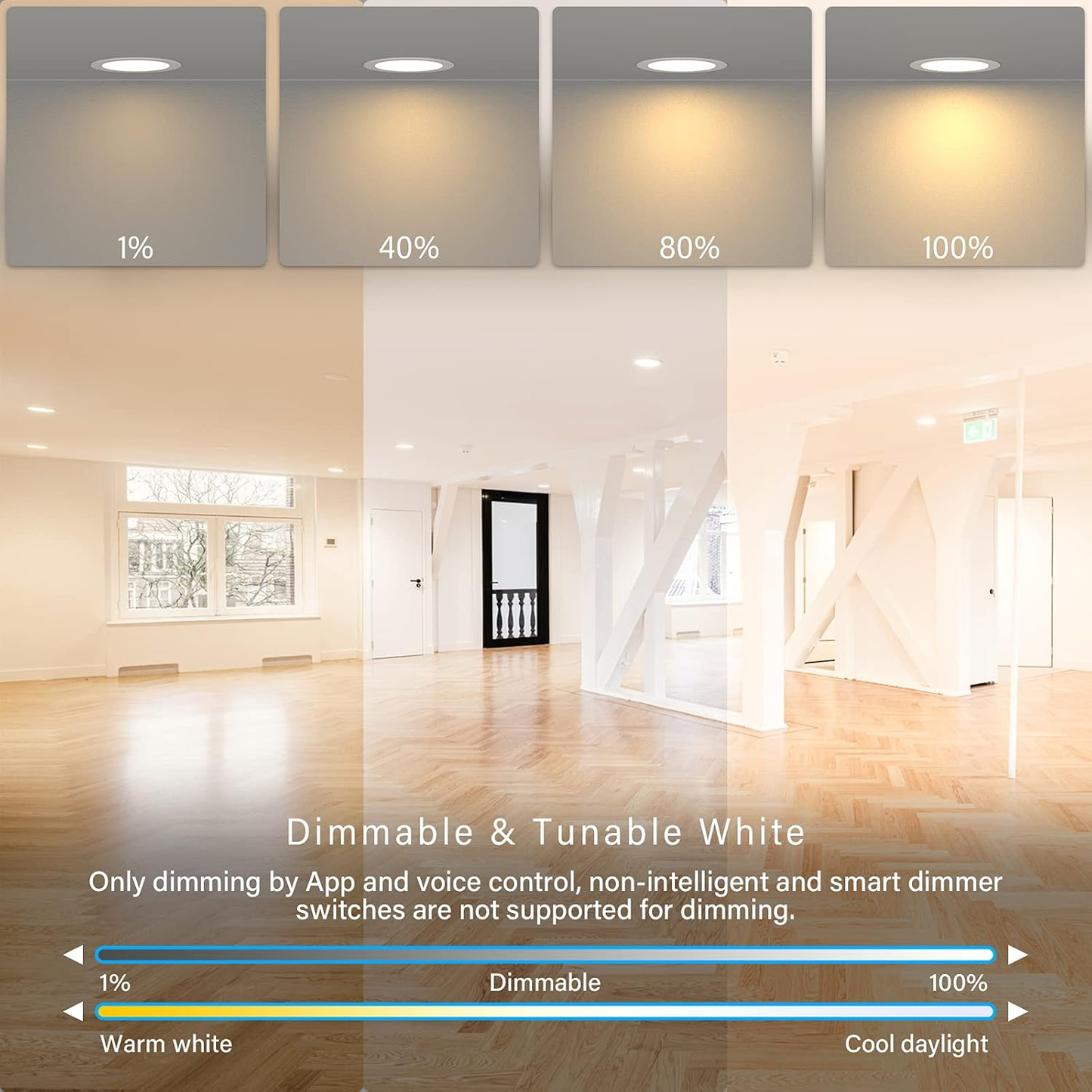6-Inch LED Smart Slim Recessed Pot Light with WiFi APP and Voice Control, 120VAC, 13W, 1000LM, RGB + 2700K-6000K, ETL, FCC, and IC Rated, Wet Location Compatible with Alexa/Google Home, Pack of 4