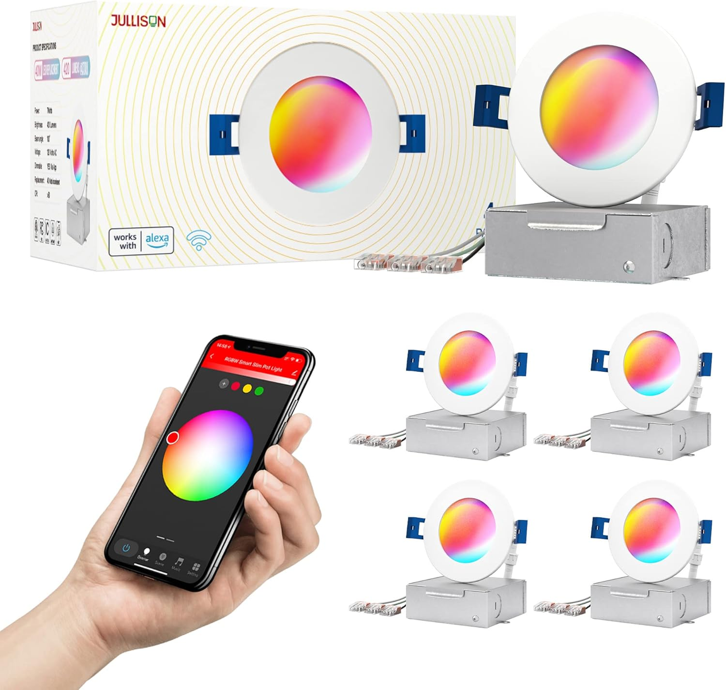 6-Inch LED Smart Slim Recessed Pot Light with WiFi APP and Voice Control, 120VAC, 13W, 1000LM, RGB + 2700K-6000K, ETL, FCC, and IC Rated, Wet Location Compatible with Alexa/Google Home, Pack of 4