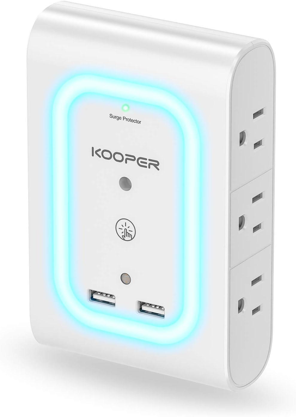 Surge Protector Outlet Extender with Dusk-to-Dawn Night Light, 6-Outlet Adapter and 2 USB Ports, 1080J Wall Mount for Hallway, Stairs, Bathroom, and Kitchen (Ice Blue Light)