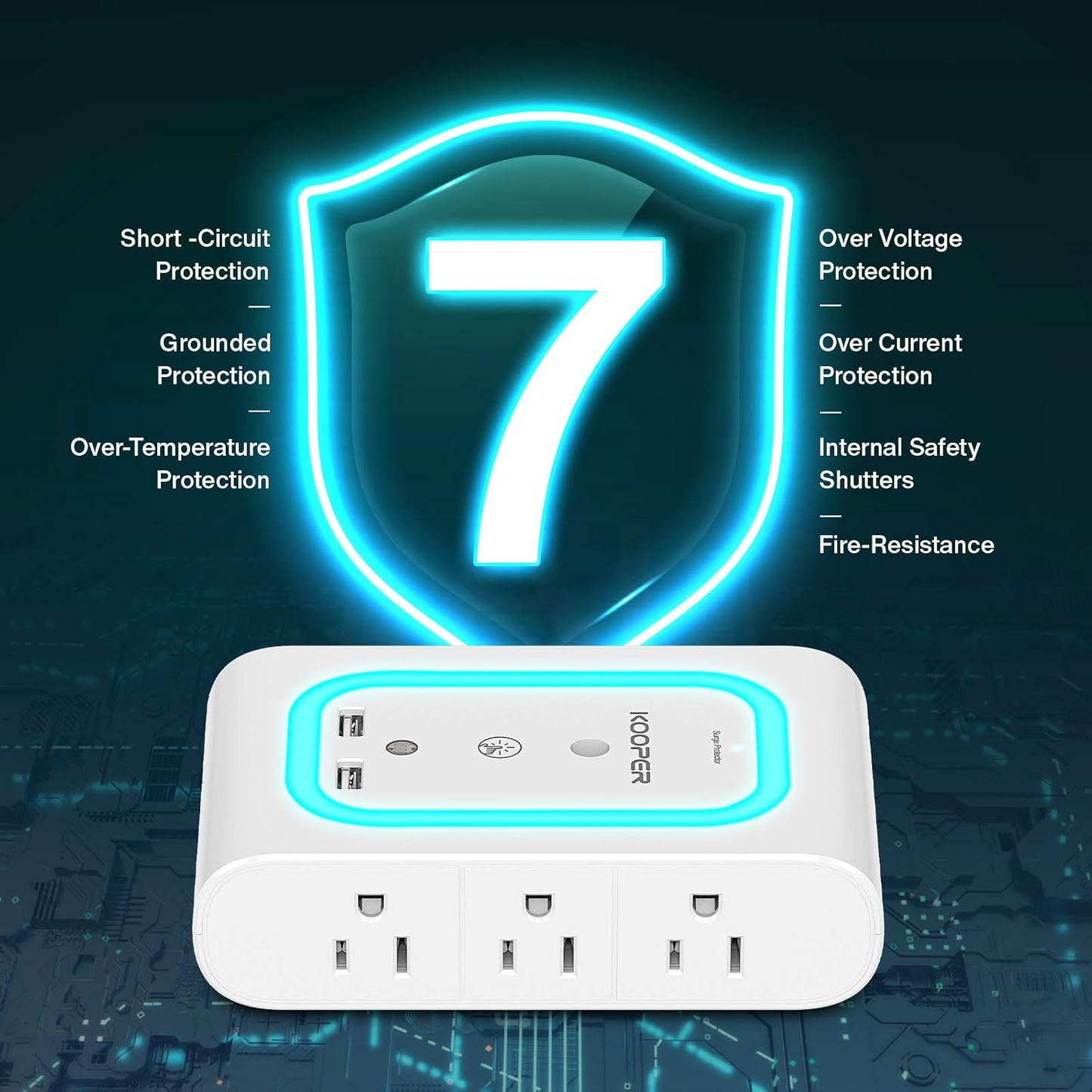 Surge Protector Outlet Extender with Dusk-to-Dawn Night Light, 6-Outlet Adapter and 2 USB Ports, 1080J Wall Mount for Hallway, Stairs, Bathroom, and Kitchen (Ice Blue Light)