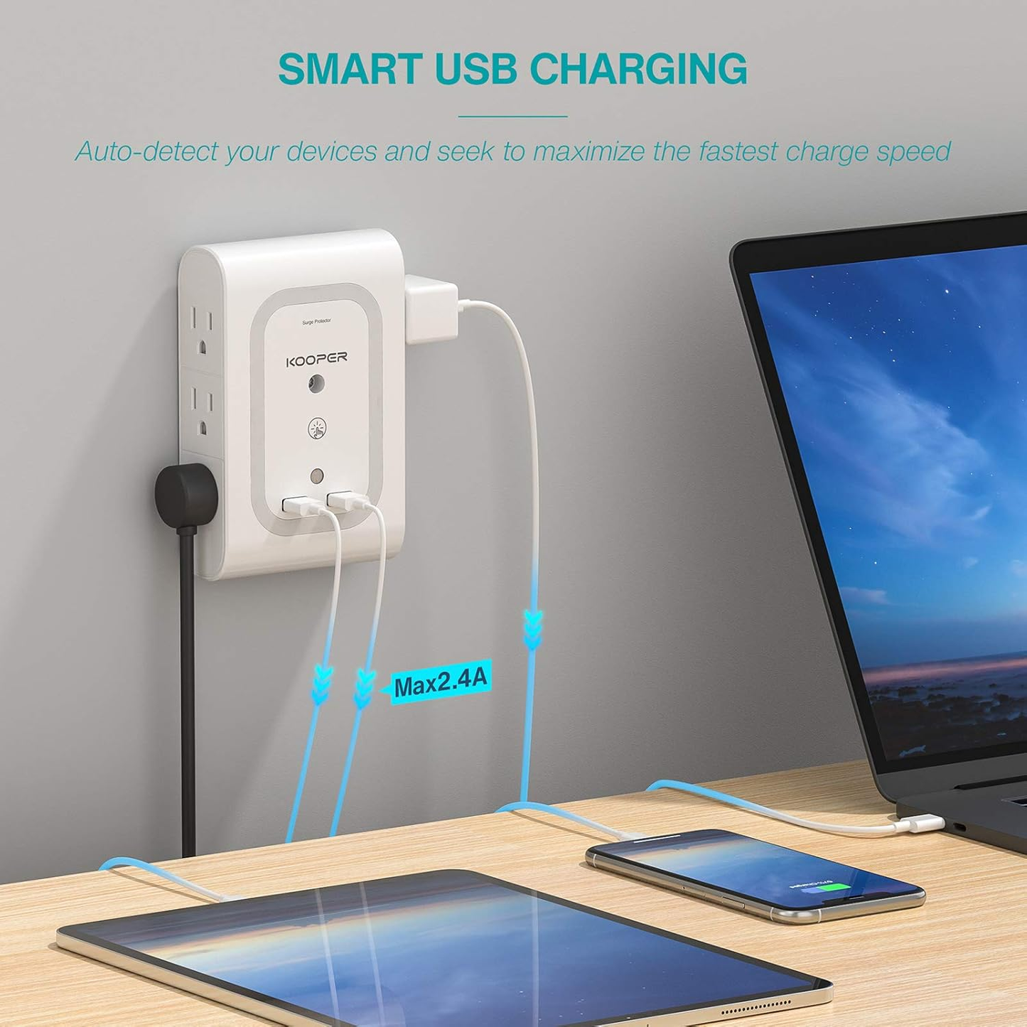 Surge Protector Outlet Extender with Dusk-to-Dawn Night Light, 6-Outlet Adapter and 2 USB Ports, 1080J Wall Mount for Hallway, Stairs, Bathroom, and Kitchen (Ice Blue Light)