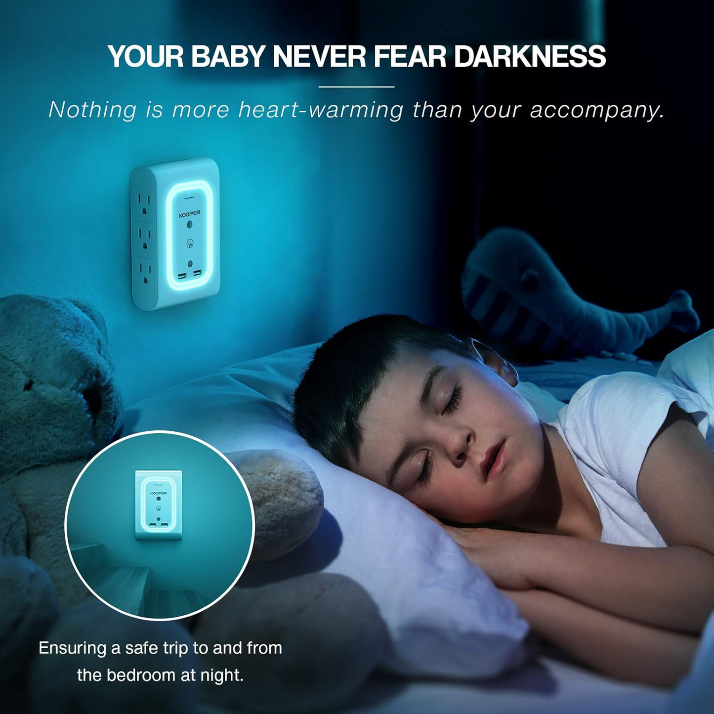 Surge Protector Outlet Extender with Dusk-to-Dawn Night Light, 6-Outlet Adapter and 2 USB Ports, 1080J Wall Mount for Hallway, Stairs, Bathroom, and Kitchen (Ice Blue Light)