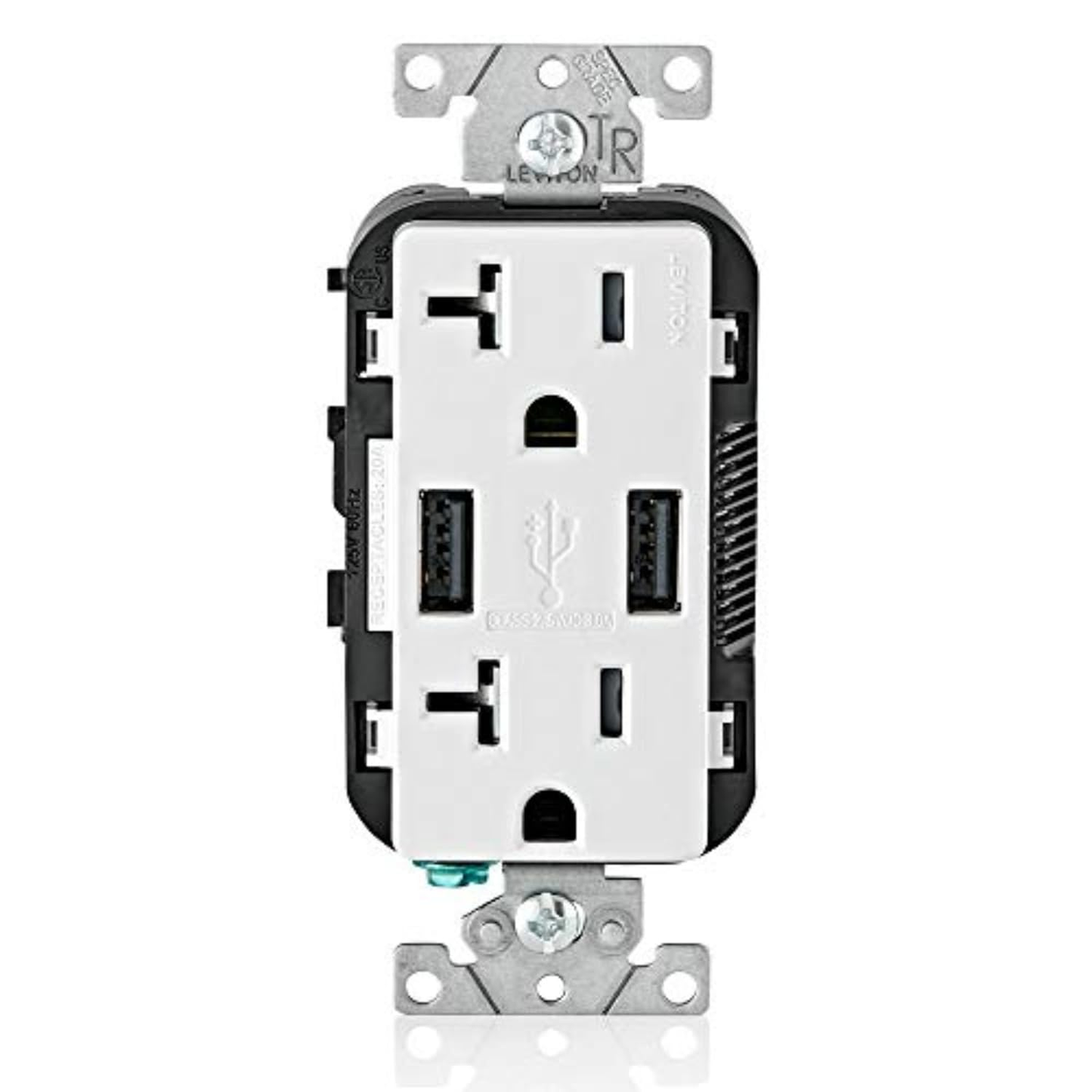 T5832-W Type-A USB In-Wall Charger with 20A Tamper-Resistant Outlet for Smartphones, White Finish