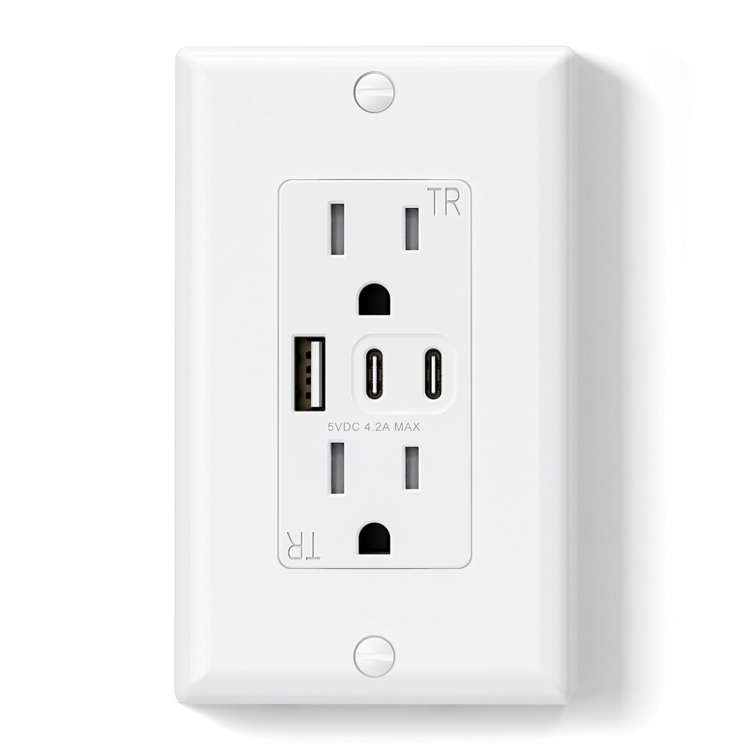 15 Amp Wall Outlet with 3 USB Ports, Dual USB-C Ports, Tamper-Resistant Design, Includes Wall Plate, UL/CUL Listed, Black, 1 Pack