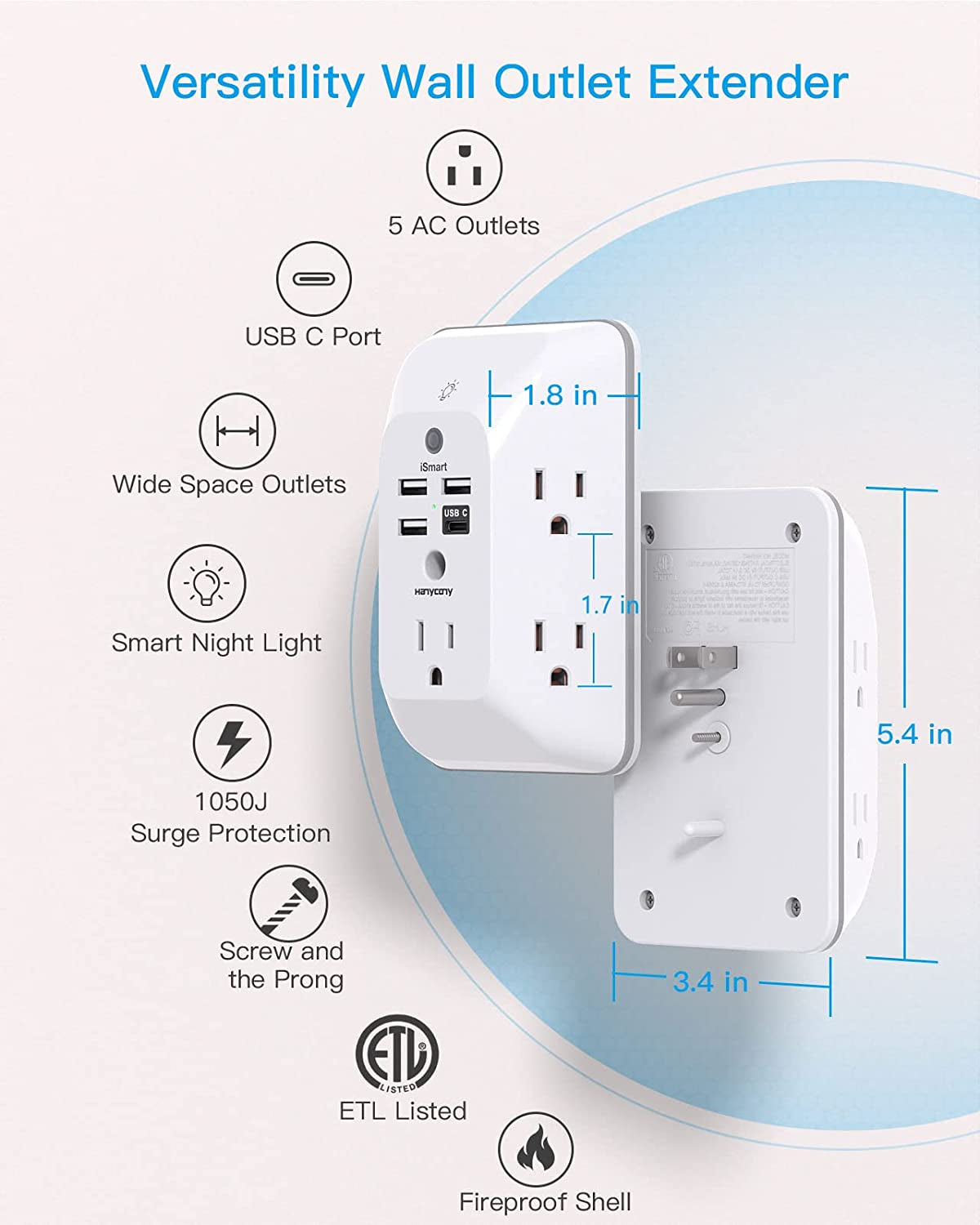 Multi-Functional Outlet Extender with Night Light, USB Wall Charger Surge Protector, and 4 USB Ports (including 1 USB-C) for Home, Office, and Dorm Room - ETL Certified