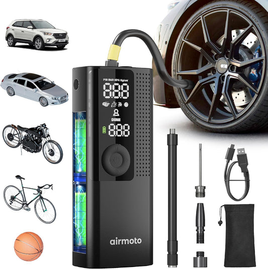 Portable Tire Inflator & Air Compressor - Cordless Pump with Digital Pressure Gauge, LED Light & Auto Shut-Off for Cars, Motorcycles, Bicycles & More