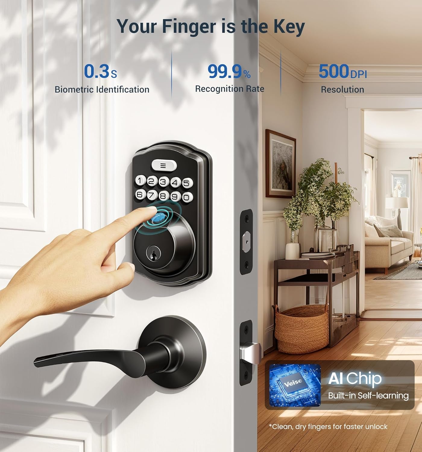 Keyless Fingerprint Door Lock Set - Smart Digital Deadbolt with 2 Lever Handles, Auto-Locking, Easy Install, Matte Black Finish