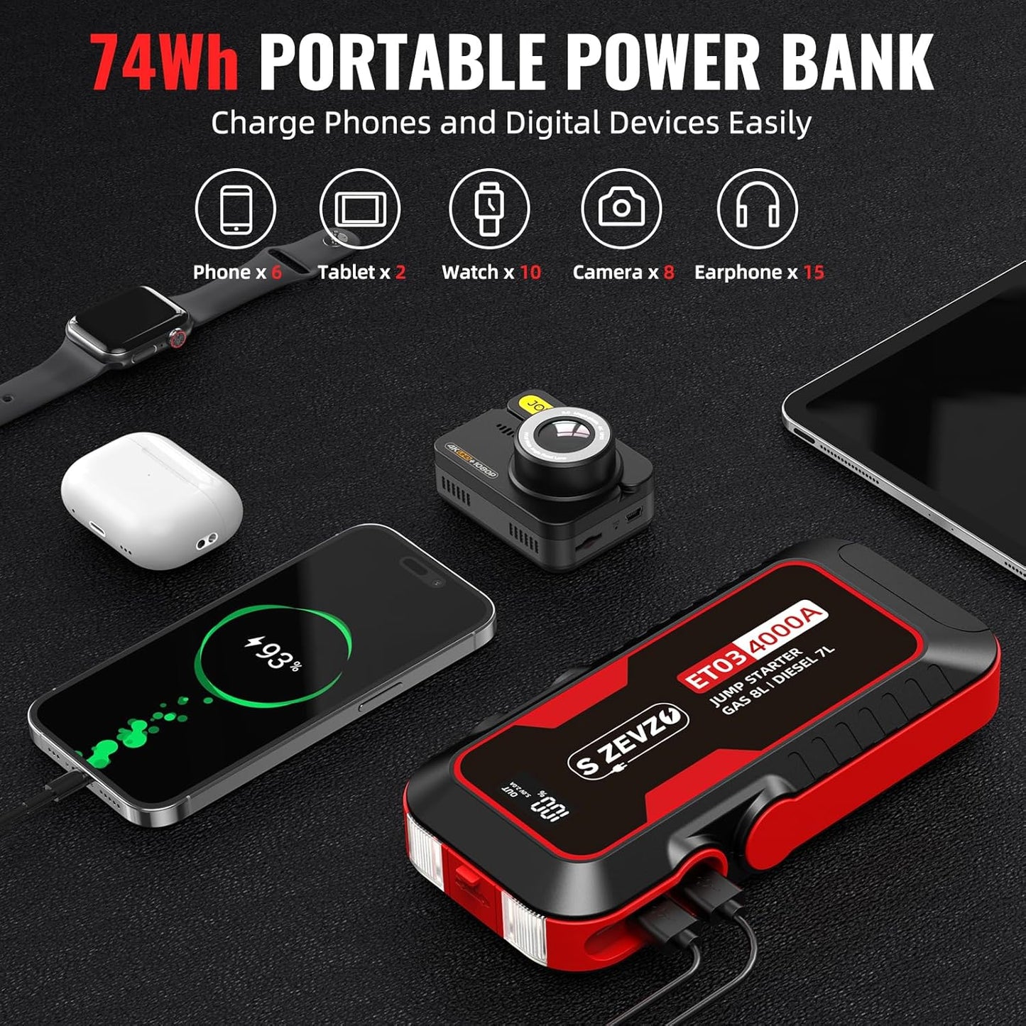 Powerful ET03 Car Jump Starter - 4000A Battery Pack for 8.0L Gas & 7.0L Diesel Engines, 74Wh Portable 12V Jump Box with USB Ports, LCD Display, LED Light & Storage Case