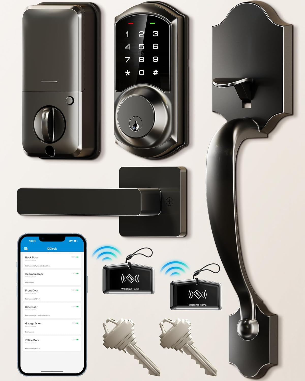 Smart Front Door Lock Set VE06-H - Keyless Entry with App Control, Touchscreen Keypad & Lever Handle - Matte Black, Easy Install & Auto Lock