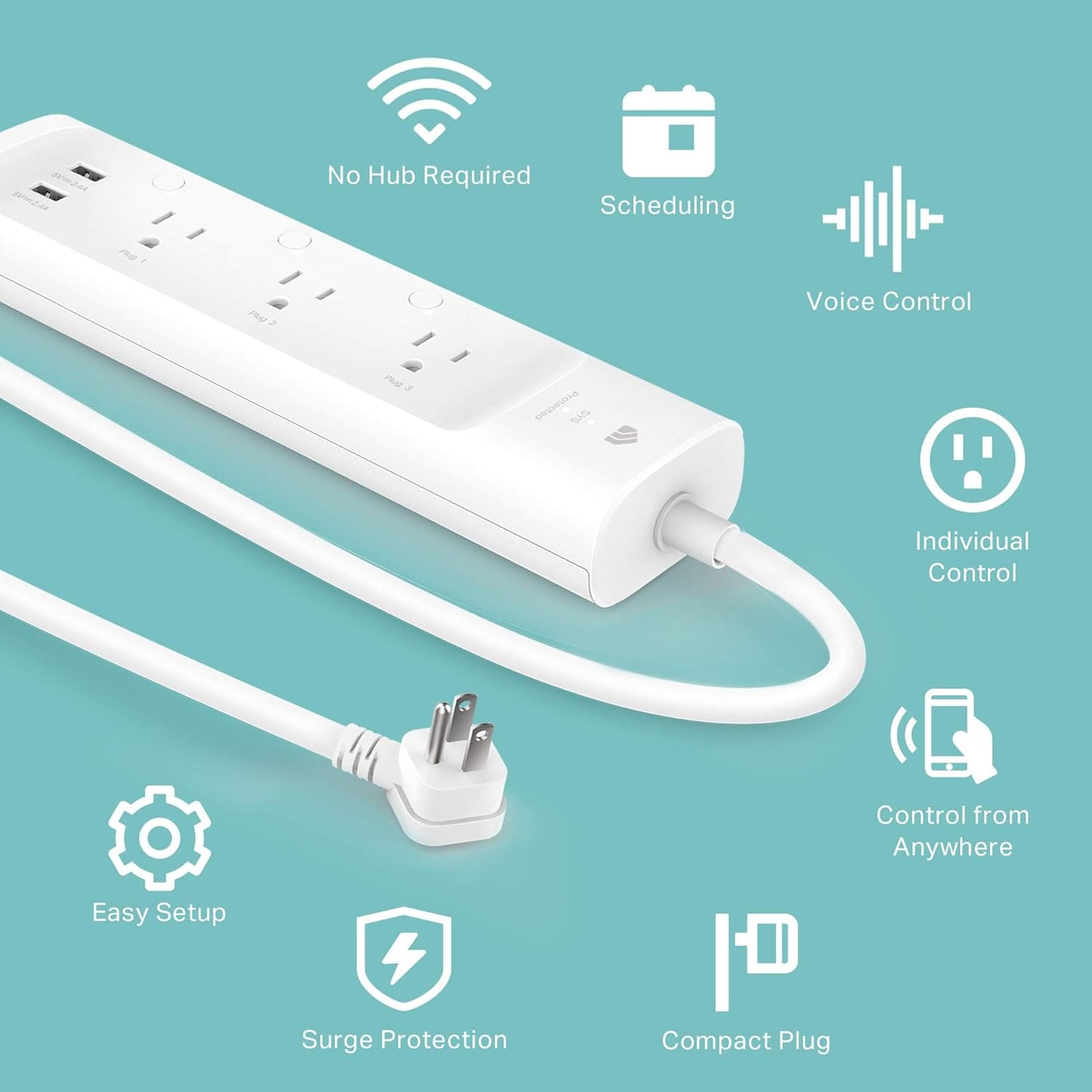 Plug Power Strip KP303 - Surge Protector with 3 Smart Outlets and 2 USB Ports, Compatible with Alexa and Google Home, No Hub Required, White