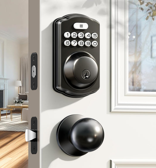 Smart Keyless Entry Door Lock Set - Electronic Backlit Keypad Deadbolt with 2 Knobs, Auto Lock, One-Time Codes & Easy Installation in Matte Black