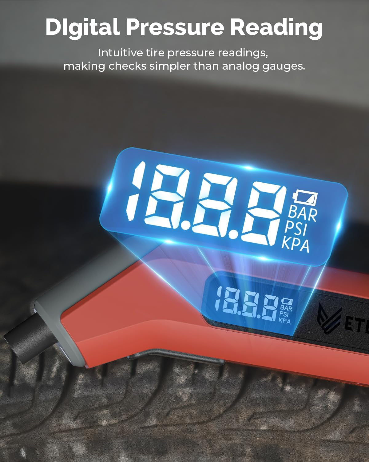 T300 Digital Tire Pressure Gauge - Accurate 3-200 PSI Measurement, ANSI B40.7 Certified, Replaceable AAA Batteries, Eye-Catching Vivid Orange Design