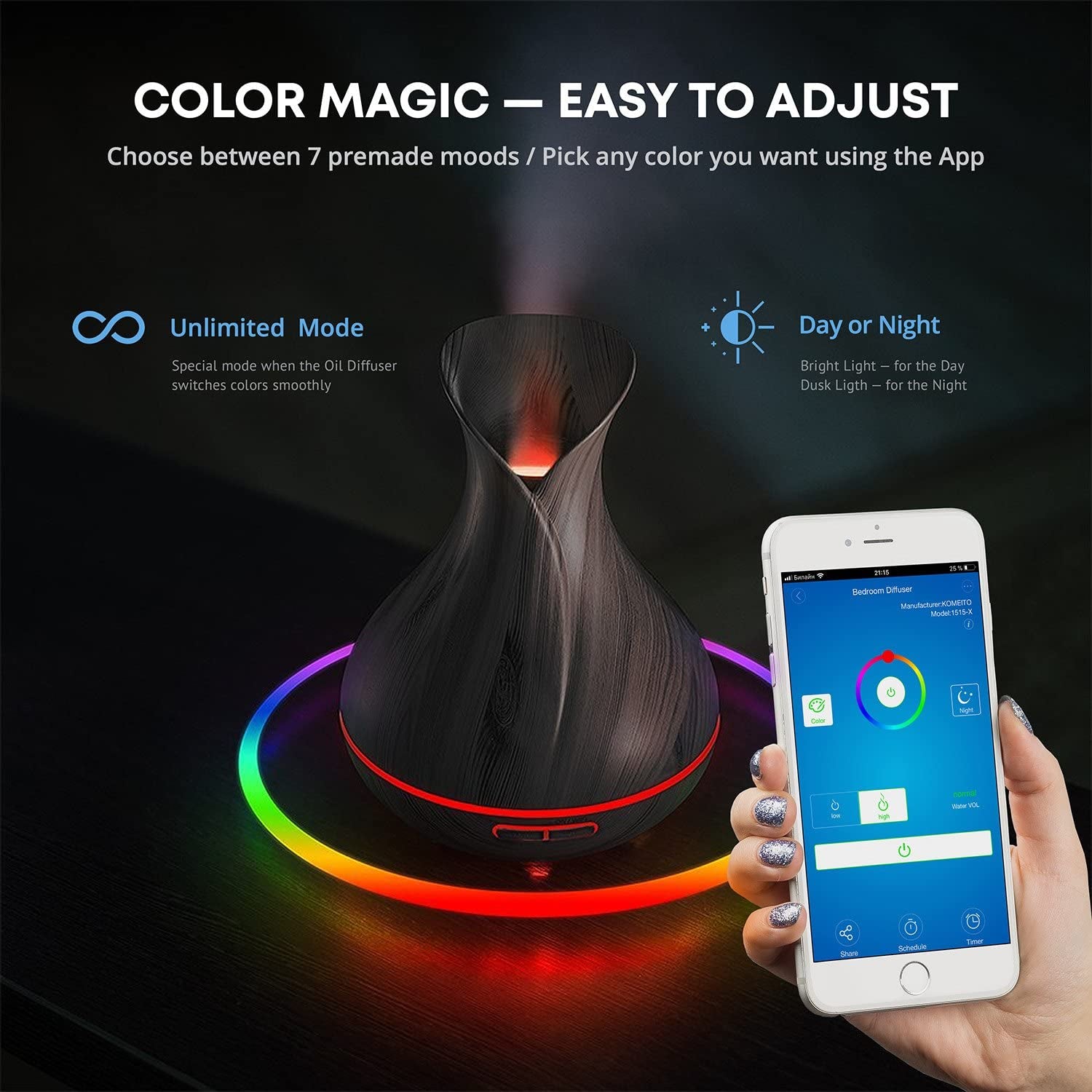 Smart WiFi Essential Oil Aromatherapy Ultrasonic Diffuser and Humidifier - 400ml, Alexa and Google Home Compatible, Voice Control, LED and Timer Features, Dark Brown