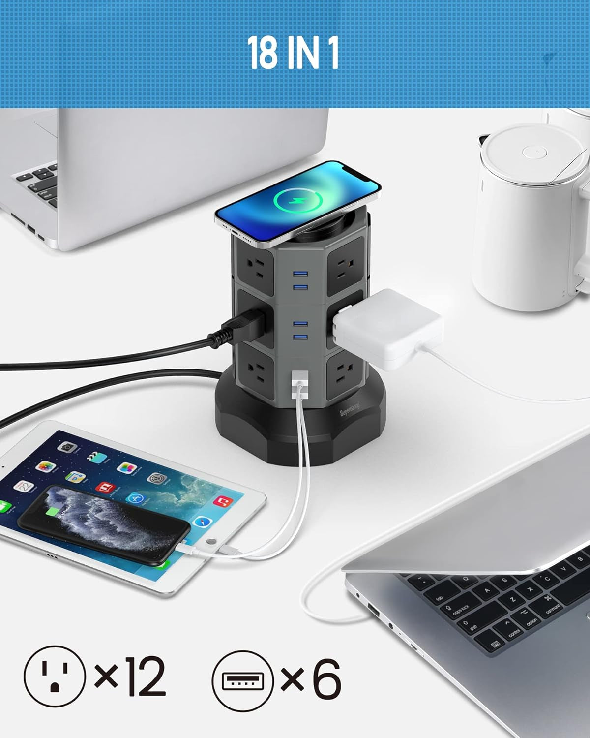 Surge Protector Power Strip Tower with 15W Magnetic Wireless Charger, 1050J, 13A Charging Station featuring 12 AC Outlets and 6 USB Ports, 6.5Ft Extension Cord for Home and Office Use, Grey