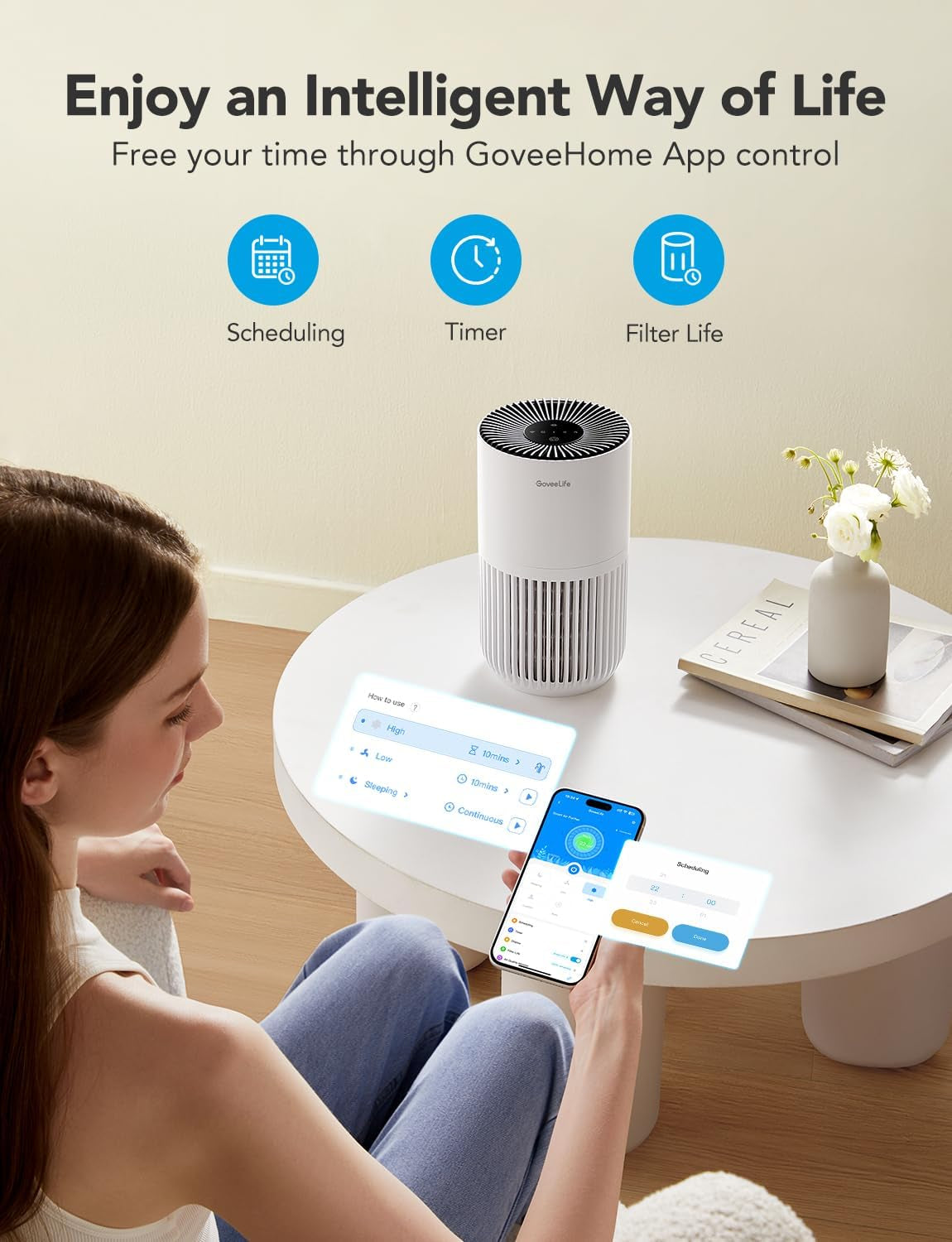 Compact Smart Air Purifier for Bedrooms with App and Alexa Control - Efficiently Removes Pet Hair, Odors, Pollen, and Smoke - Portable with 3 Speed Settings, 2 Modes, Timer, and Aroma Function for Home Use