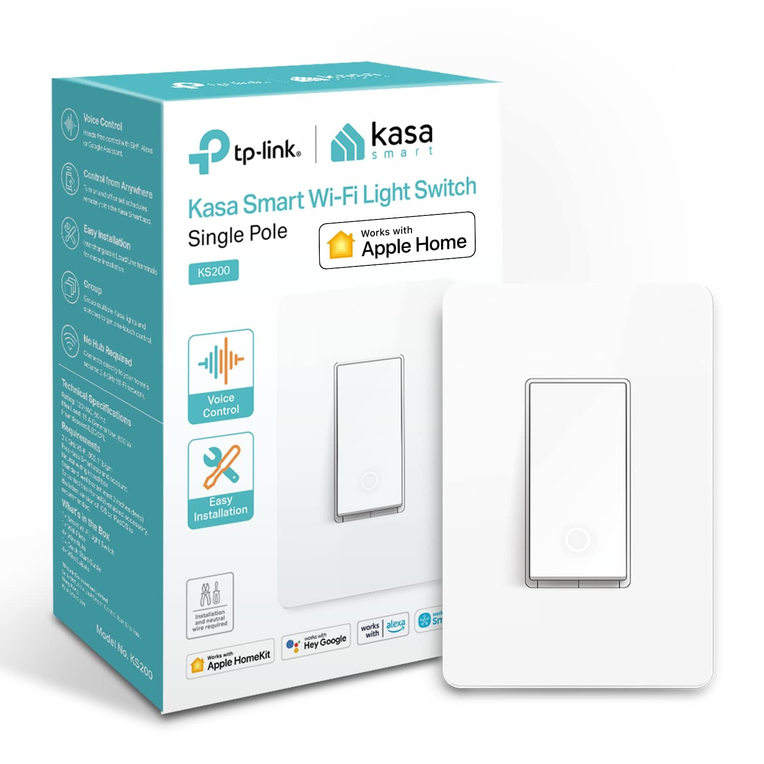 Kasa Smart Light Switch KS200P3 for Apple HomeKit, Single Pole with Neutral Wire, 2.4GHz Wi-Fi, Compatible with Siri, Alexa, and Google Home, UL Certified, Hub-Free, White, Pack of 3