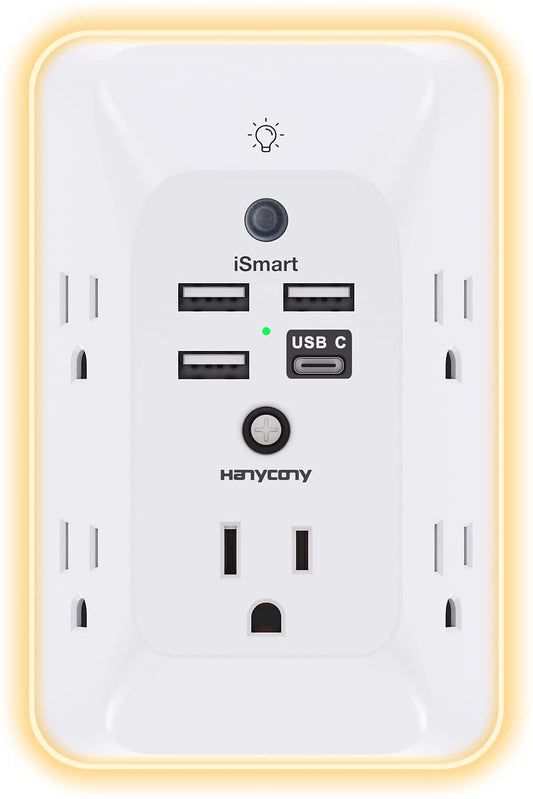 Multi-Functional Outlet Extender with Night Light, USB Wall Charger Surge Protector, and 4 USB Ports (including 1 USB-C) for Home, Office, and Dorm Room - ETL Certified