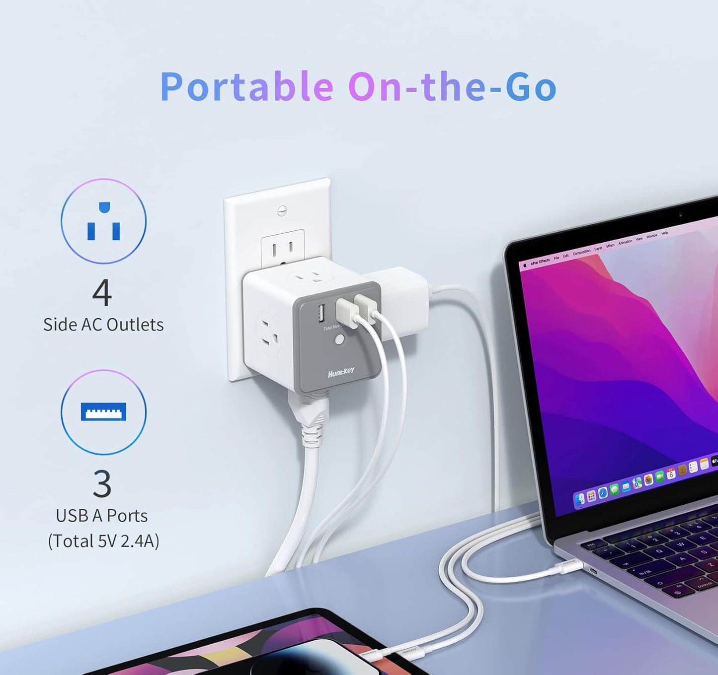 Multi-Outlet Wall Adapter with USB Charging Ports - 4 AC Outlets and 3 USB Ports for Home, Office, and Travel