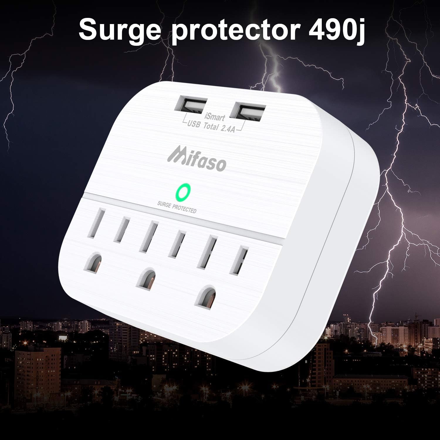 3-Outlet Surge Protector with Dual USB Wall Charger (Smart 2.4A) - Multi-Plug Outlet Extender for Home, Office, and Travel - 490 Joules, White