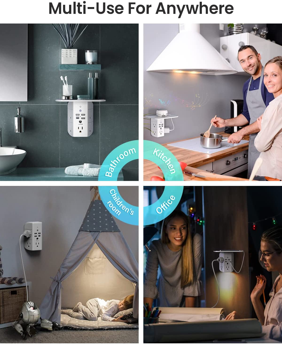 3-Sided Multi-Plug Power Strip with Shelf, Night Light, Surge Protection, and USB Wall Charger - 5 AC Outlets, 3 USB Ports, and 1 USB-C Port, White