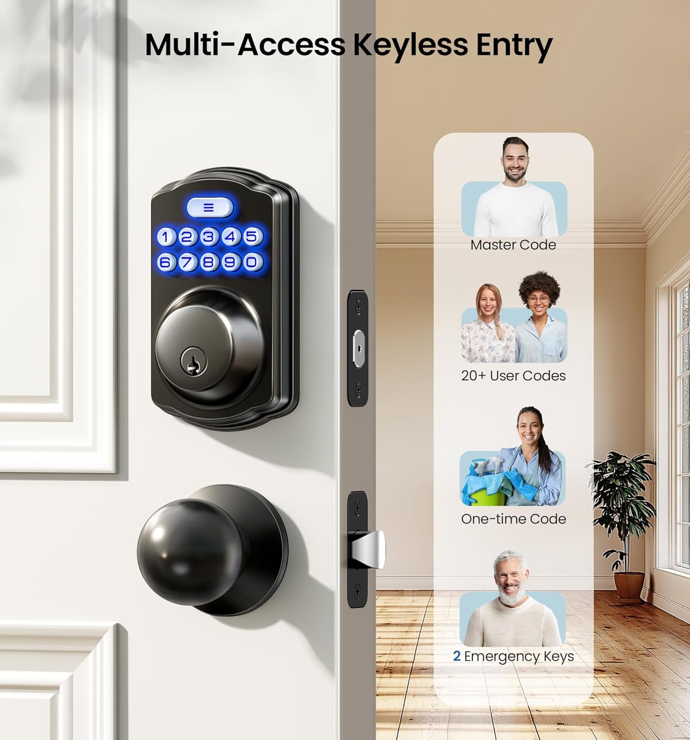 Smart Keyless Entry Door Lock Set - Electronic Backlit Keypad Deadbolt with 2 Knobs, Auto Lock, One-Time Codes & Easy Installation in Matte Black