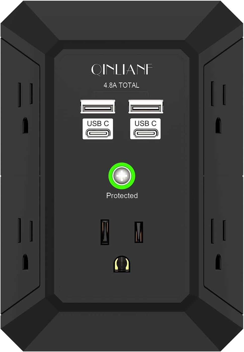 5-Outlet Wall Charger and Surge Protector with 4 USB Charging Ports (4.8A Total) - 3-Sided Power Strip Multi-Plug Adapter for Home, Travel, and Office (Model 3U1C)