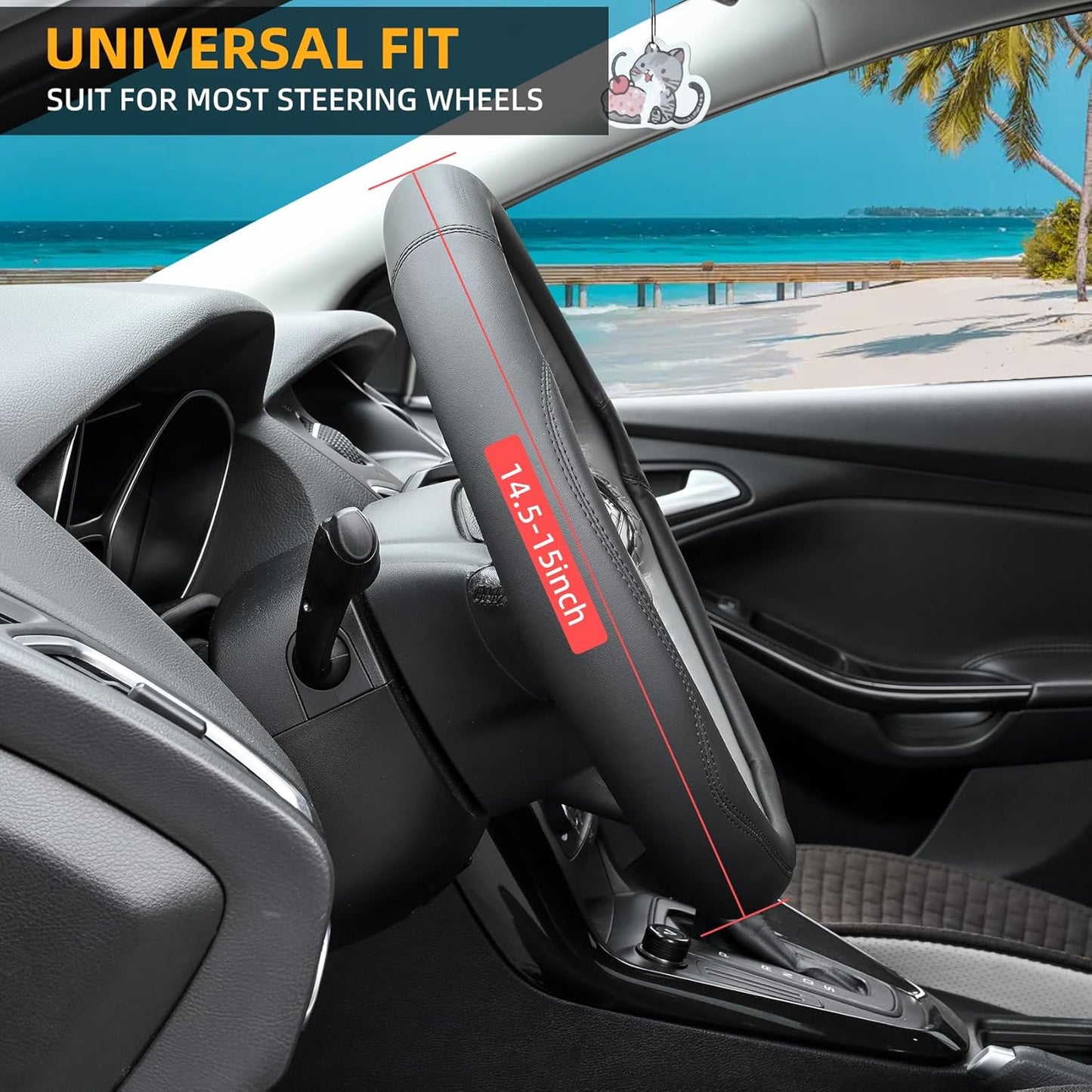 Premium Black Microfiber Leather Steering Wheel Cover - Universal 15 Inch Fit