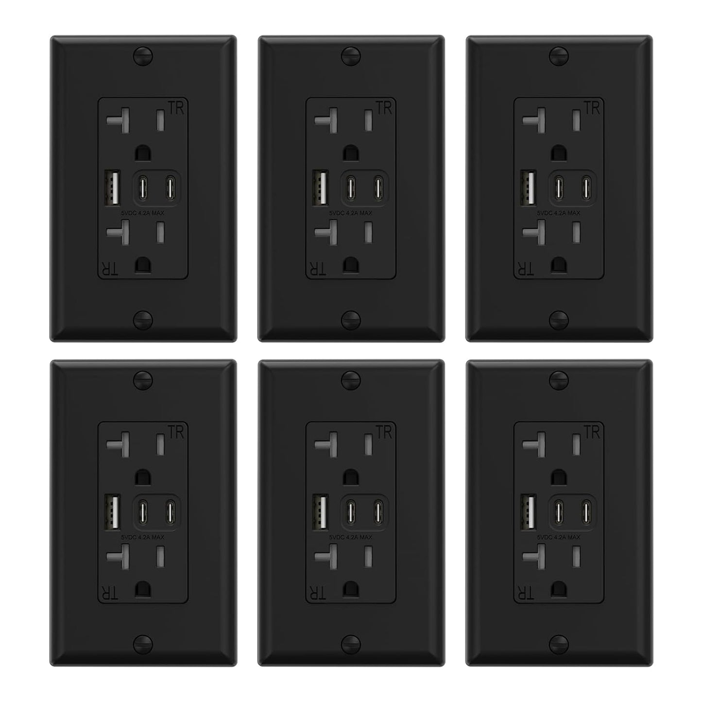 15 Amp Wall Outlet with 3 USB Ports, Dual USB-C Ports, Tamper-Resistant Design, Includes Wall Plate, UL/CUL Listed, Black, 1 Pack