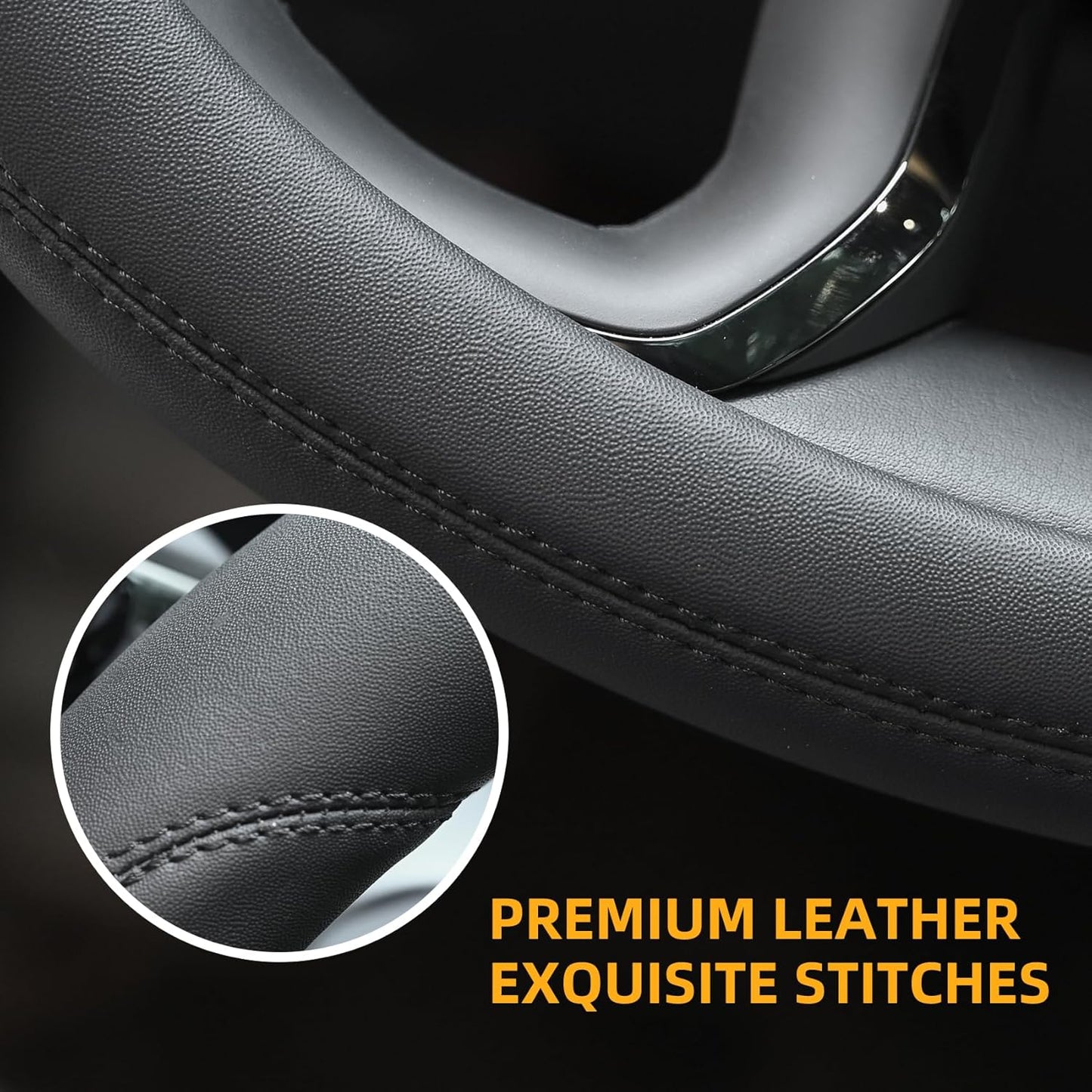Premium Black Microfiber Leather Steering Wheel Cover - Universal 15 Inch Fit