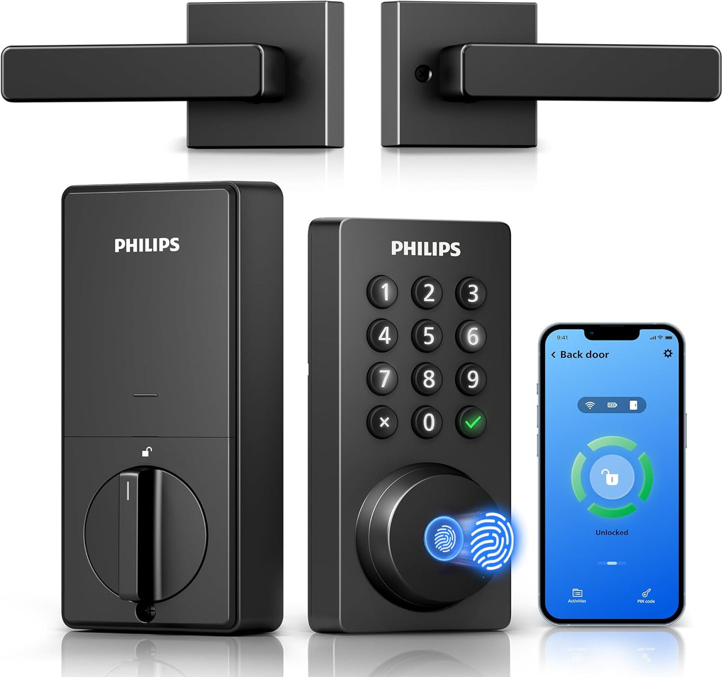 Smart Wifi Deadbolt Lock with Handle - Keyless Entry System Featuring App, Voice, Fingerprint, Passcode, and Key Unlock Options, Backlit Keypad, Remote Control, and Auto-Lock Functionality