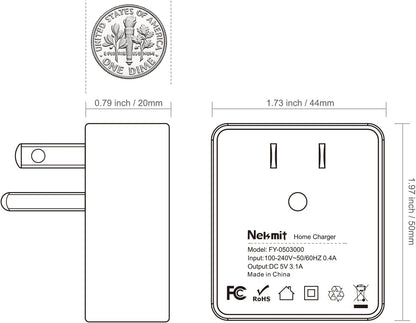 Dual Port Ultra-Slim Flat USB Wall Charger with Smart IC Technology, White