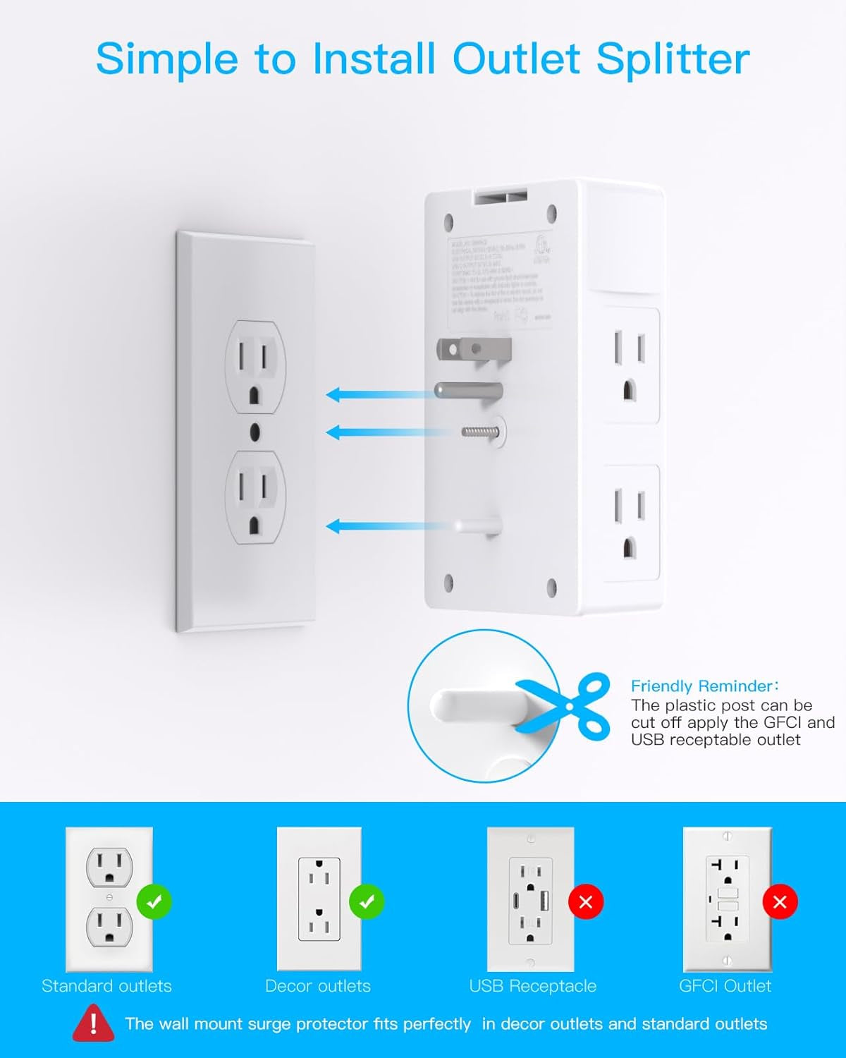 1680J 3-Sided Power Strip with Surge Protection, 5 Outlet Expander, 4 USB Ports (USB-C), Wall Mount Charger, Outlet Splitter Adapter for Home, Travel, and Office, ETL Listed, White