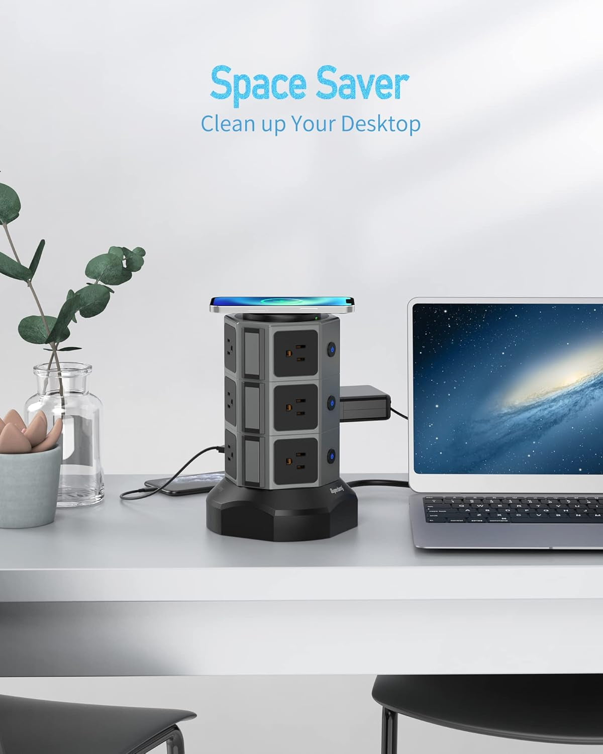 Surge Protector Power Strip Tower with 15W Magnetic Wireless Charger, 1050J, 13A Charging Station featuring 12 AC Outlets and 6 USB Ports, 6.5Ft Extension Cord for Home and Office Use, Grey