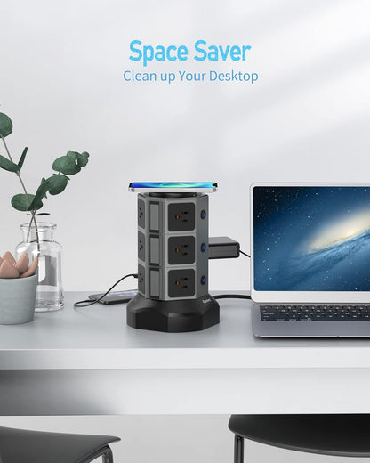 Surge Protector Power Strip Tower with 15W Magnetic Wireless Charger, 1050J, 13A Charging Station featuring 12 AC Outlets and 6 USB Ports, 6.5Ft Extension Cord for Home and Office Use, Grey