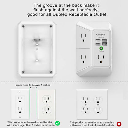 5-Outlet Wall Charger and Surge Protector with 4 USB Charging Ports (4.8A Total) - 3-Sided Power Strip Multi-Plug Adapter for Home, Travel, and Office (Model 3U1C)