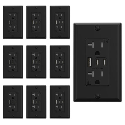 15 Amp Wall Outlet with 3 USB Ports, Dual USB-C Ports, Tamper-Resistant Design, Includes Wall Plate, UL/CUL Listed, Black, 1 Pack