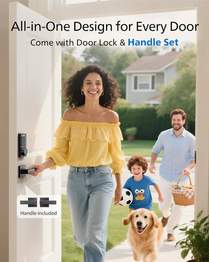 Smart Wifi Deadbolt Lock with Handle - Keyless Entry System Featuring App, Voice, Fingerprint, Passcode, and Key Unlock Options, Backlit Keypad, Remote Control, and Auto-Lock Functionality