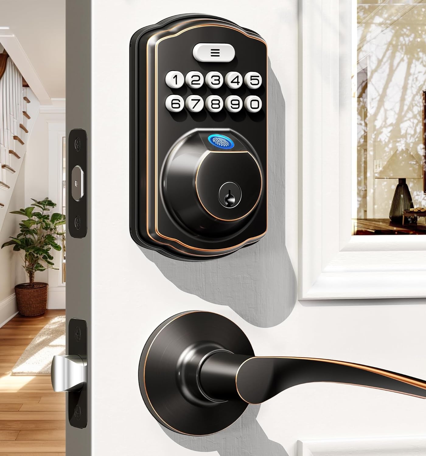 Keyless Fingerprint Door Lock Set - Smart Digital Deadbolt with 2 Lever Handles, Auto-Locking, Easy Install, Matte Black Finish