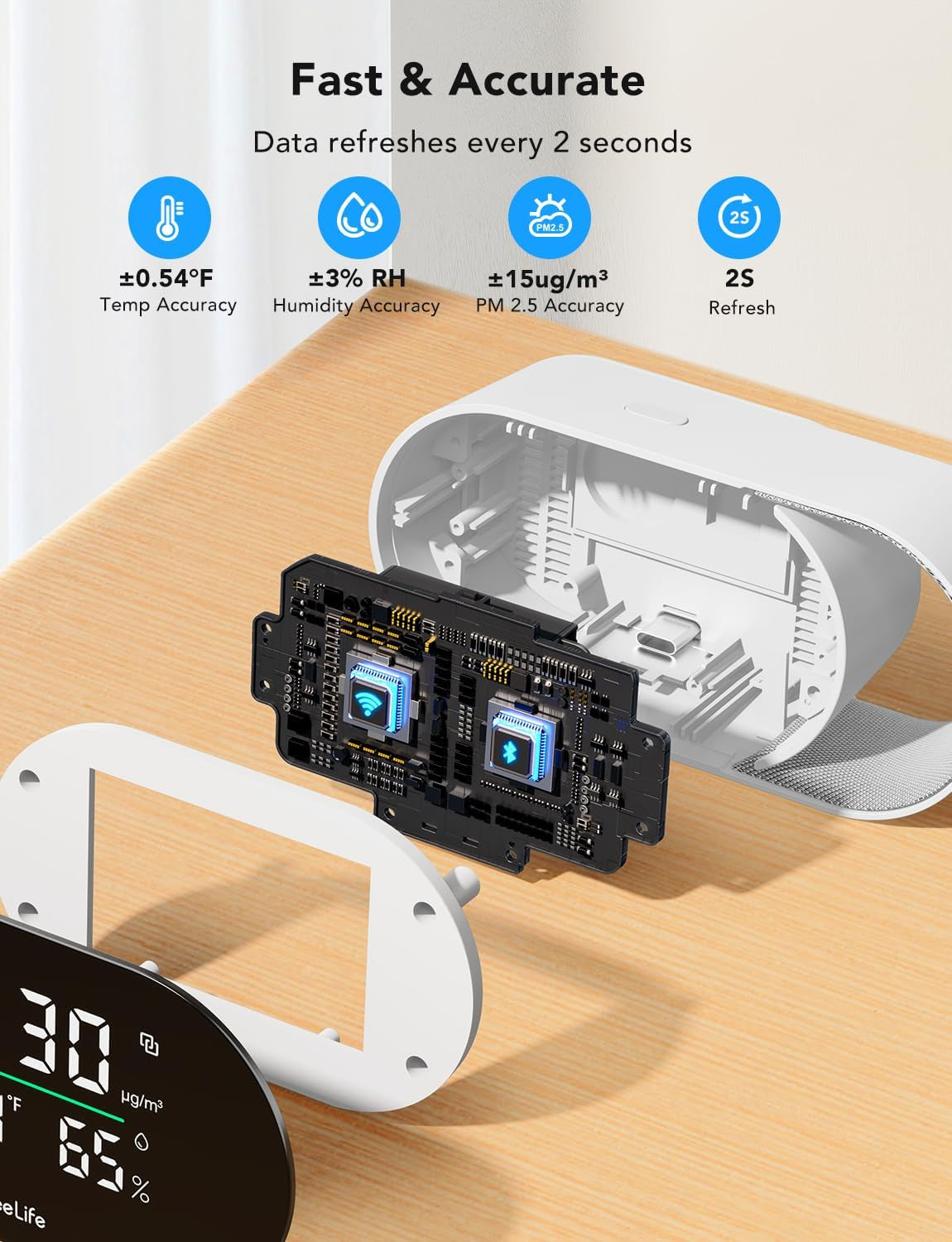 Advanced Smart Air Quality Monitor with PM2.5, Wi-Fi Connectivity, Temperature and Humidity Sensors, LED Display, 2-Second Refresh Rate, and 2-Year Data Storage for Home and Office Use