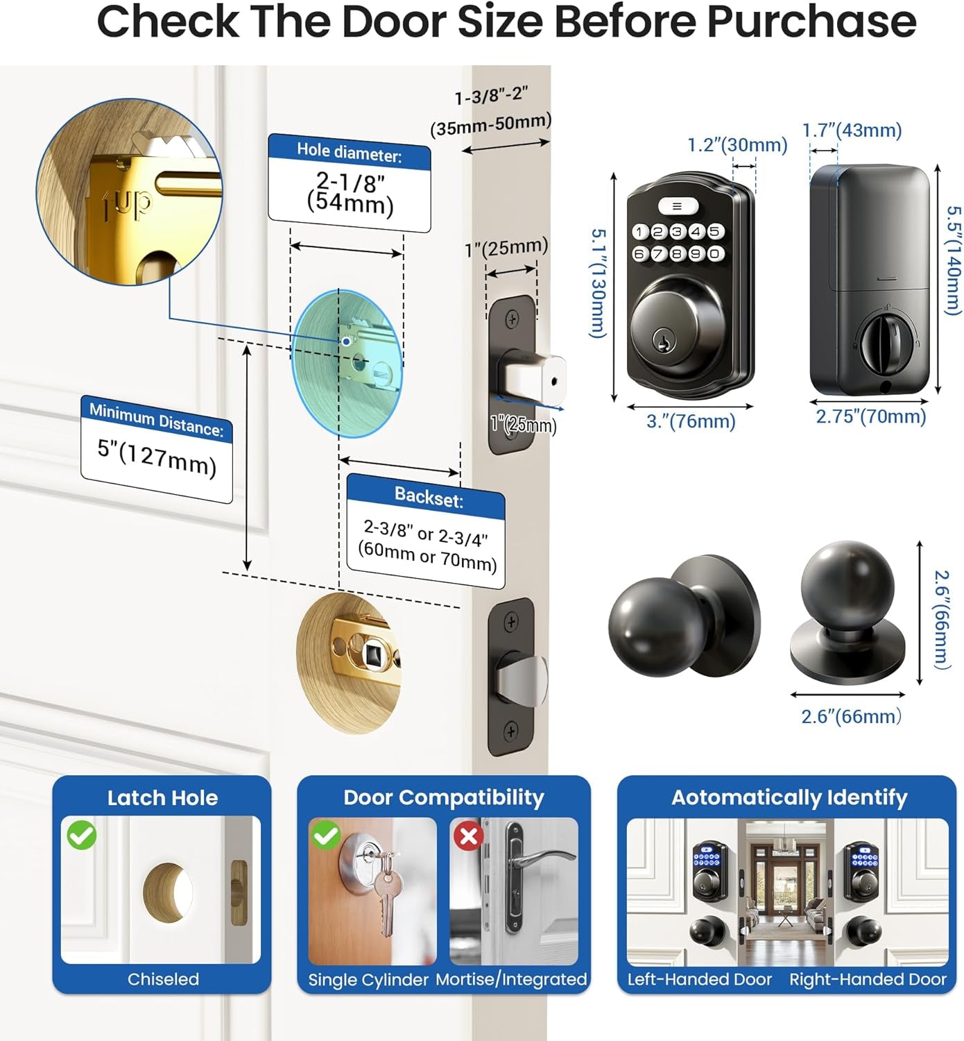 Smart Keyless Entry Door Lock Set - Electronic Backlit Keypad Deadbolt with 2 Knobs, Auto Lock, One-Time Codes & Easy Installation in Matte Black