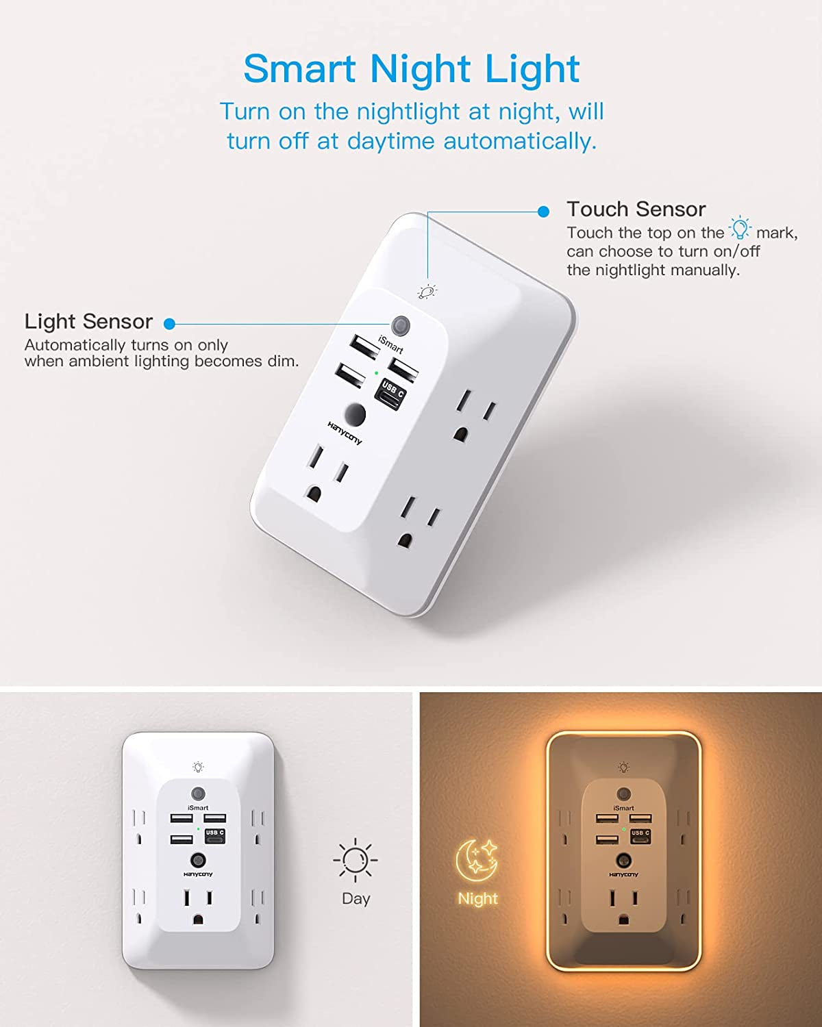 Multi-Functional Outlet Extender with Night Light, USB Wall Charger Surge Protector, and 4 USB Ports (including 1 USB-C) for Home, Office, and Dorm Room - ETL Certified
