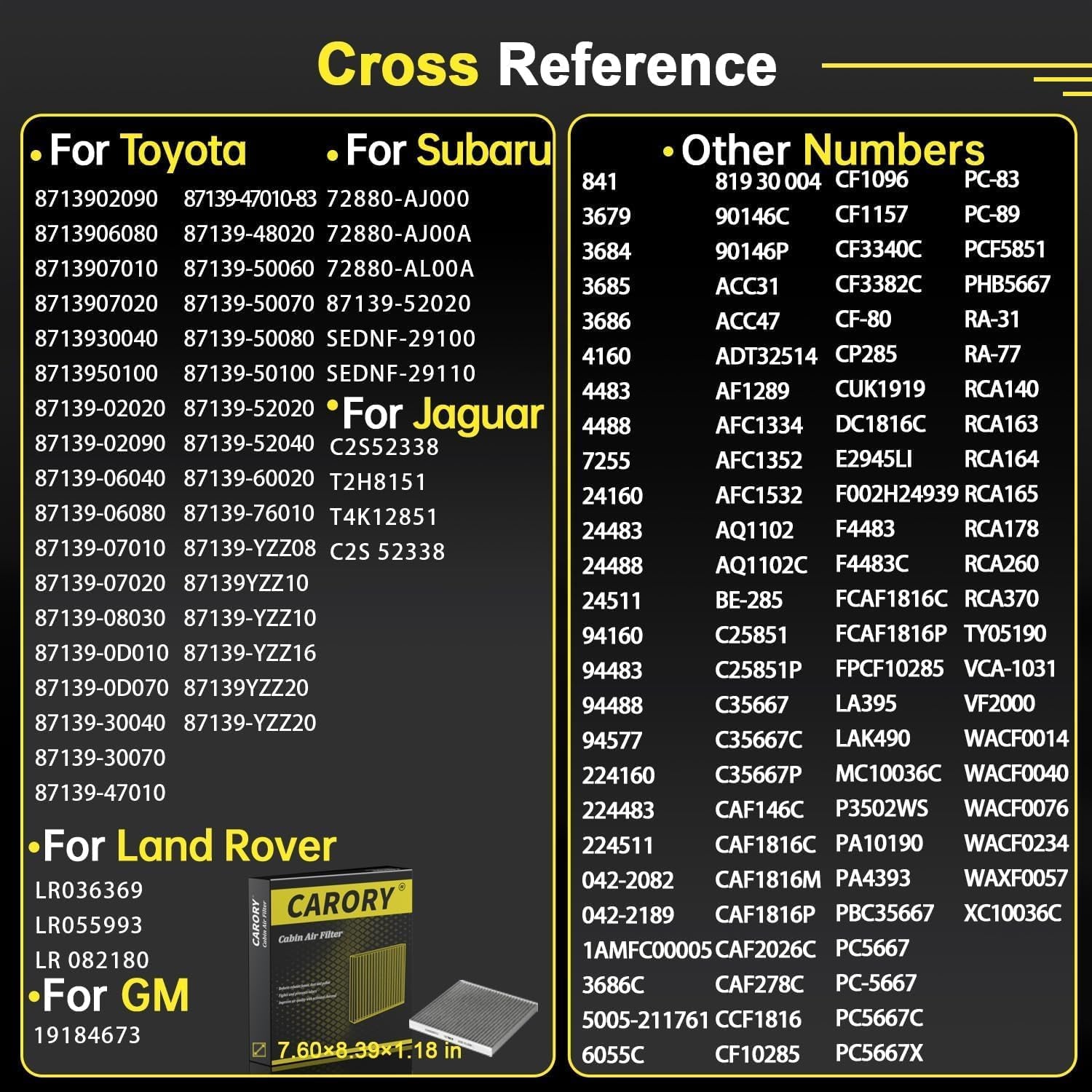 Premium Activated Carbon Cabin Air Filter for Toyota, Lexus, Subaru, Jaguar, Land Rover & More - Enhance Your Air Quality!