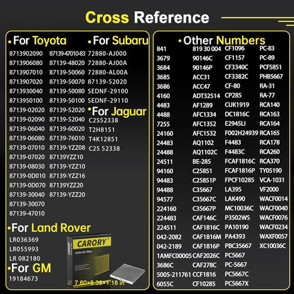 Premium Activated Carbon Cabin Air Filter for Toyota, Lexus, Subaru, Jaguar, Land Rover & More - Enhance Your Air Quality!