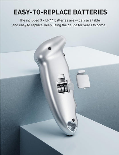 Digital Tire Pressure Gauge 0-150PSI - Accurate to 0.1 PSI, Backlight LCD, Presta Valve Adaptor - Perfect Stocking Stuffer for Cars, Trucks, and Bicycles - Sleek Silver Design