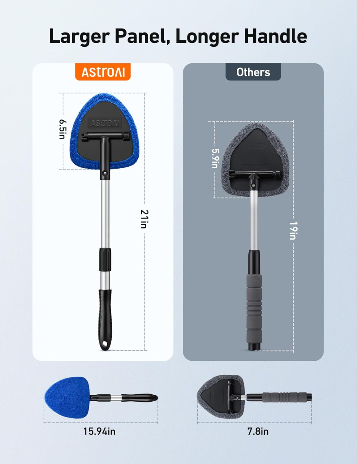 Ultimate Windshield Cleaner Tool - Car Interior Detailing Kit with Extendable Handle & 4 Reusable Microfiber Pads, Perfect for Auto Glass Wiping - 15.9In-21In, Blue