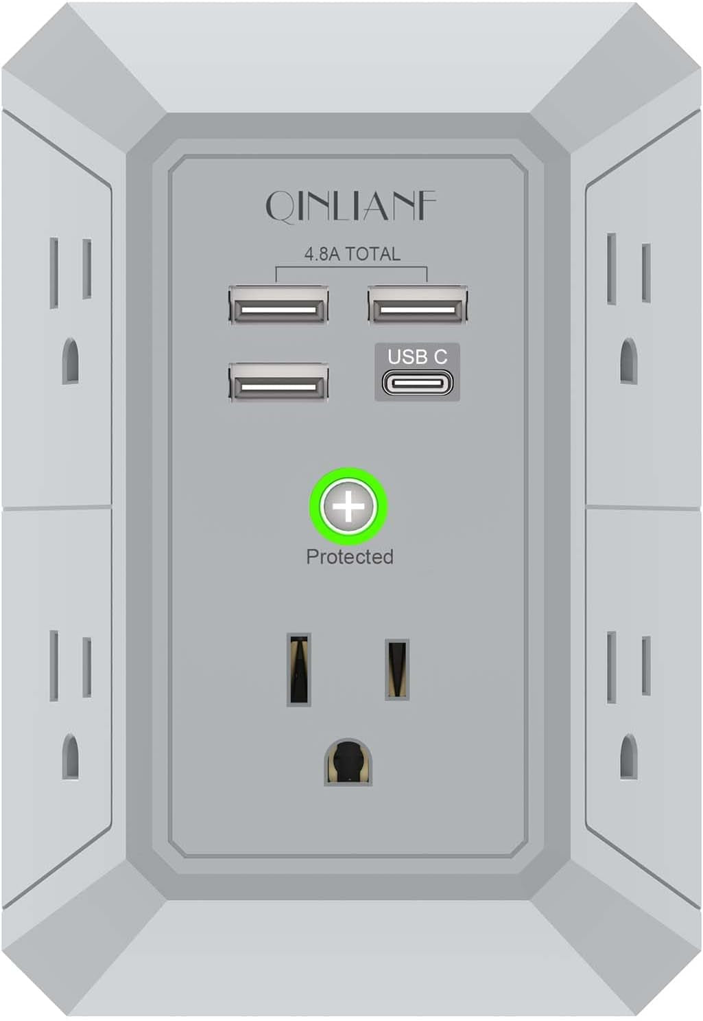 5-Outlet Wall Charger and Surge Protector with 4 USB Charging Ports (4.8A Total) - 3-Sided Power Strip Multi-Plug Adapter for Home, Travel, and Office (Model 3U1C)