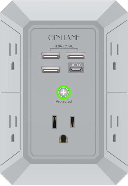 5-Outlet Wall Charger and Surge Protector with 4 USB Charging Ports (4.8A Total) - 3-Sided Power Strip Multi-Plug Adapter for Home, Travel, and Office (Model 3U1C)