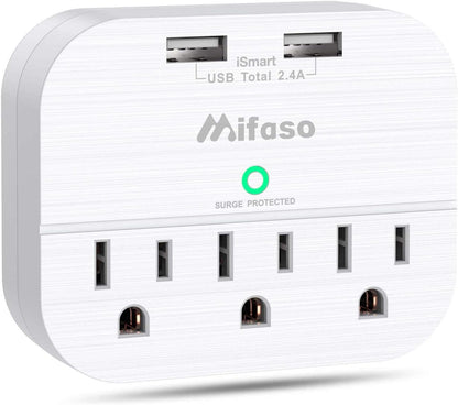 3-Outlet Surge Protector with Dual USB Wall Charger (Smart 2.4A) - Multi-Plug Outlet Extender for Home, Office, and Travel - 490 Joules, White