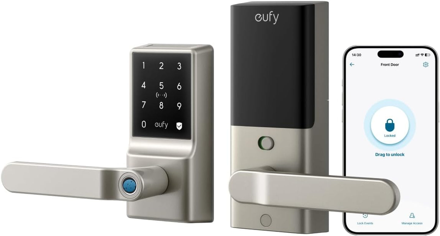 Eufy Smart Lock C33 - Keyless Entry Fingerprint Door Lock with Handle, Wi-Fi Remote Control, IP53 Waterproof, Perfect for Front Doors and Bedrooms - Sleek Black Design